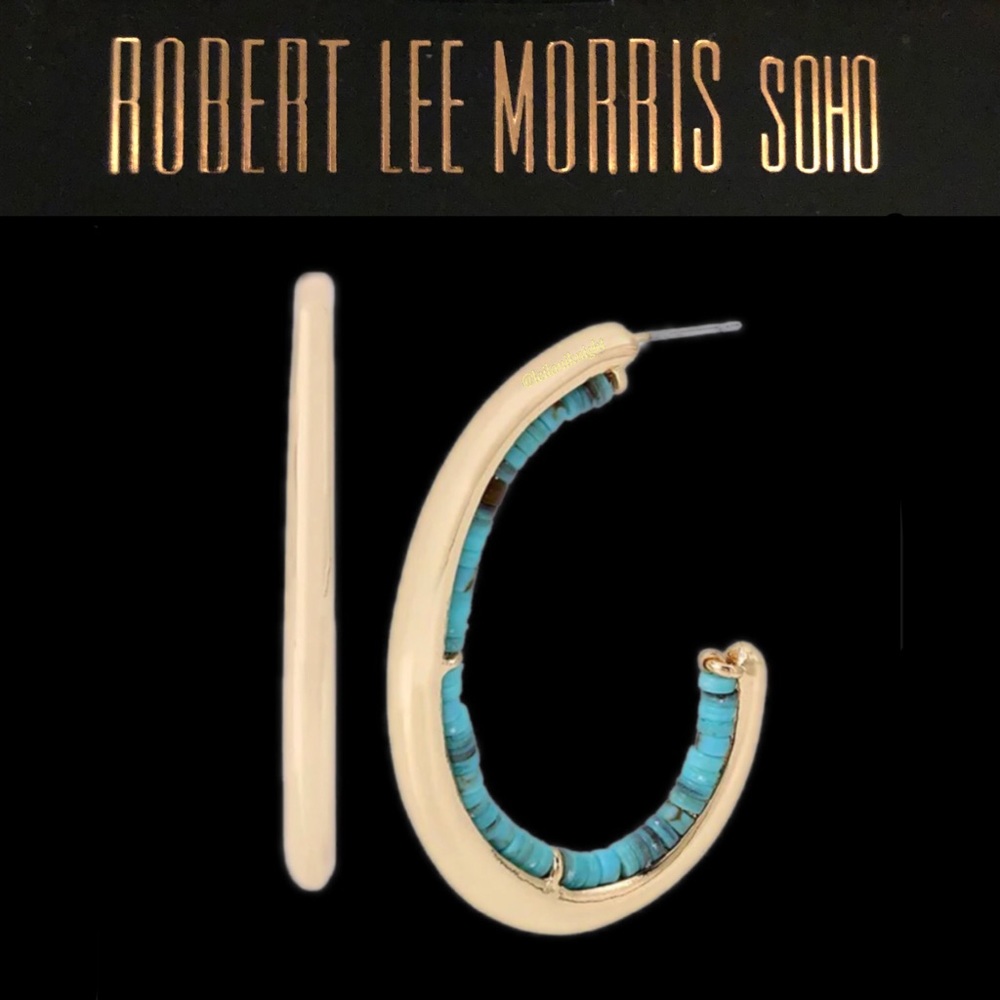 Robert Lee Morris Turquoise Bead C Hoop Earrings